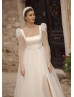 Square Neck Pearls Emebellished Ivory Satin Tulle Slit Wedding Dress